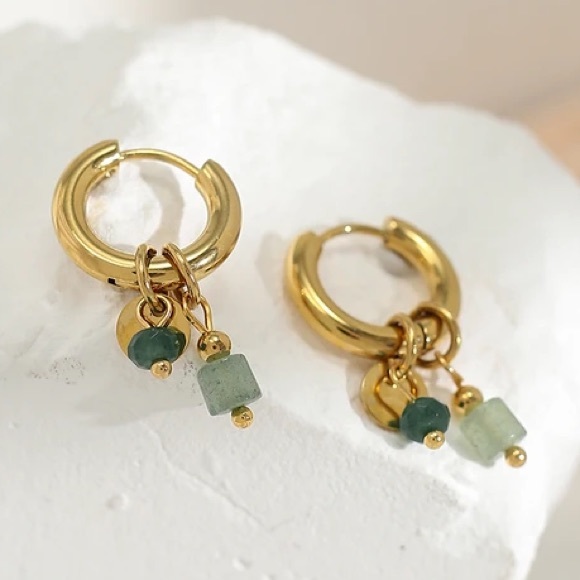 NEW 14k Gold Plated Stainless Steel Natural Jade Crystal Stone Hoop Earrings - Picture 5 of 7